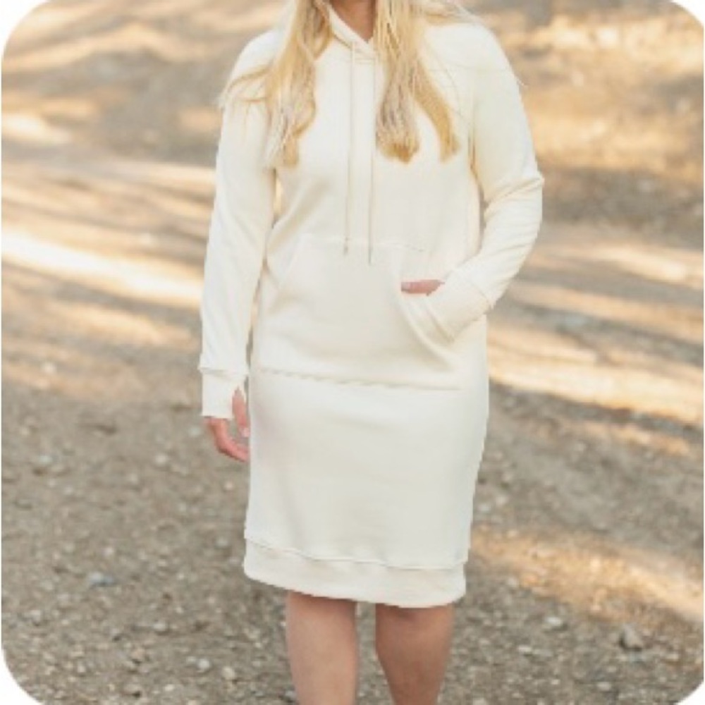 Women's Cream Hoodie Dress - Casual Pullover Sweatshirt Dress